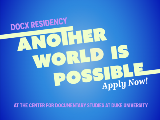 Blue background with text: DocX residency; Another world is possible; applications open.