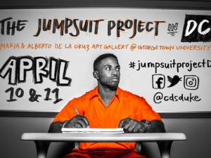 Graphic featuring Sherill in an orange jumpsuit sitting infant of a whiteboard