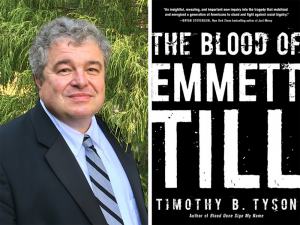 A diptych: on the left, a headshot of Tim Tyson, on the right, the cover for his book The Blood of Emmett Till.